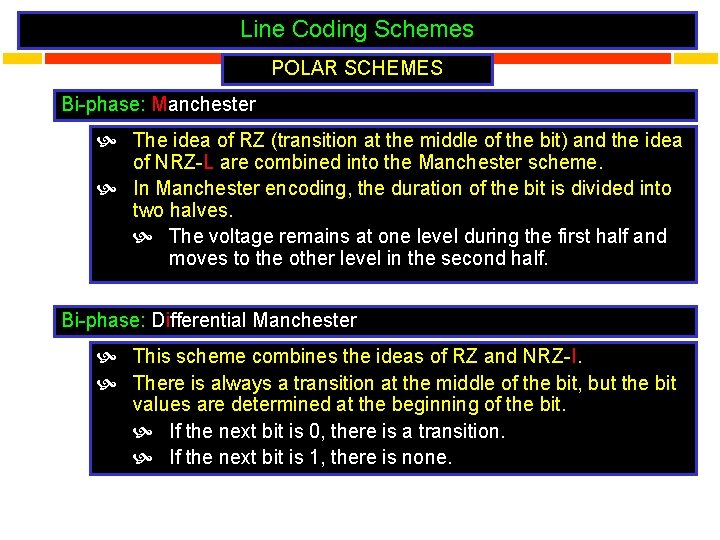 Line Coding Schemes POLAR SCHEMES Bi-phase: Manchester The idea of RZ (transition at the