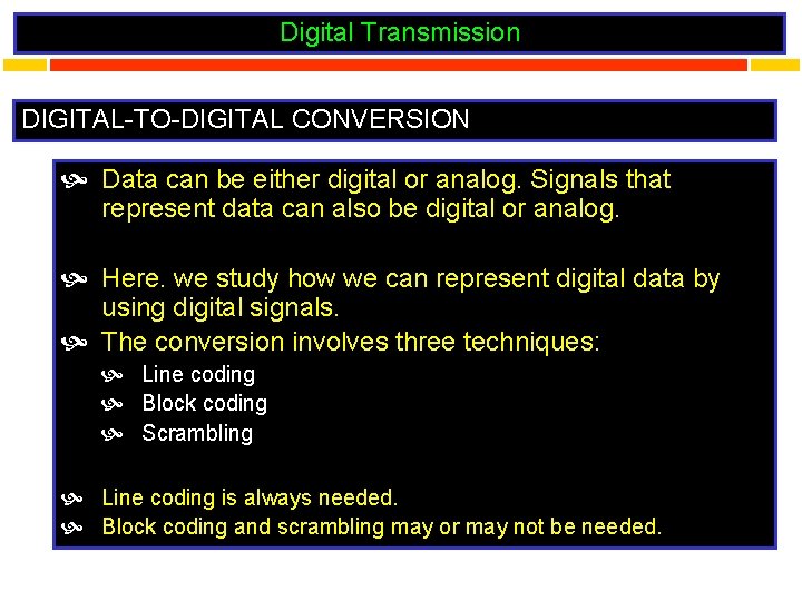 Digital Transmission DIGITAL-TO-DIGITAL CONVERSION Data can be either digital or analog. Signals that represent