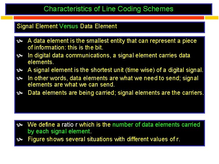 Characteristics of Line Coding Schemes Signal Element Versus Data Element A data element is