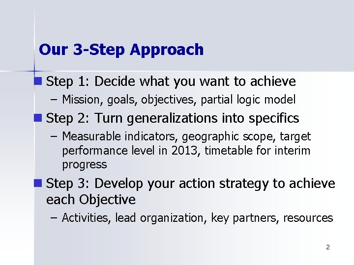 Our 3 -Step Approach n Step 1: Decide what you want to achieve –