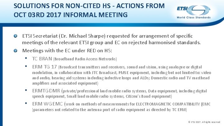 SOLUTIONS FOR NON-CITED HS - ACTIONS FROM OCT 03 RD 2017 INFORMAL MEETING ETSI