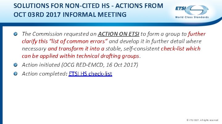 SOLUTIONS FOR NON-CITED HS - ACTIONS FROM OCT 03 RD 2017 INFORMAL MEETING The