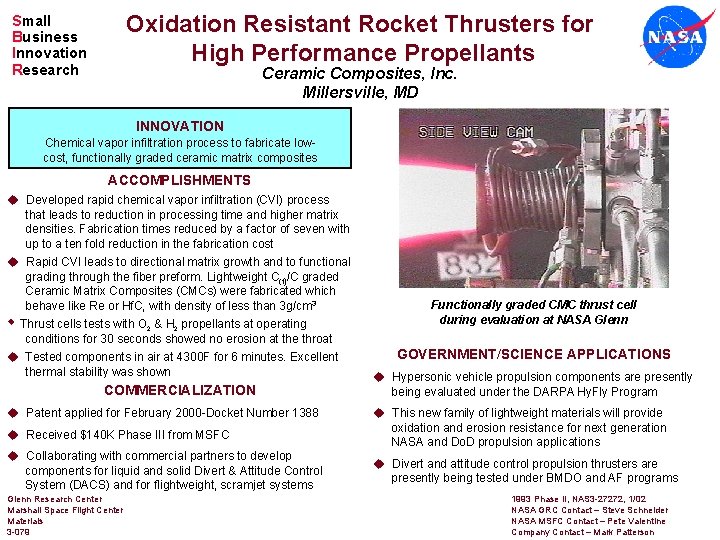 Oxidation Resistant Rocket Thrusters for High Performance Propellants Small Business Innovation Research Ceramic Composites,