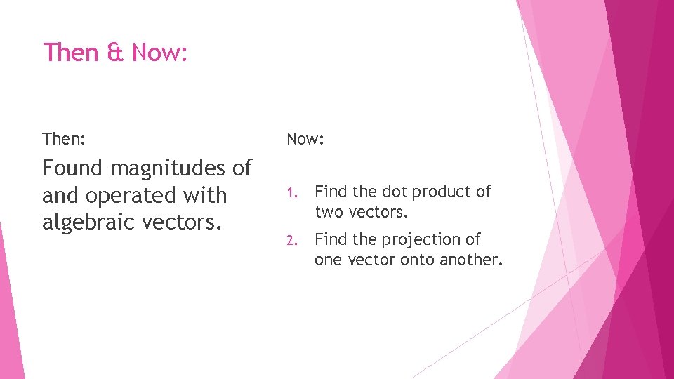 Then & Now: Then: Now: Found magnitudes of and operated with algebraic vectors. 1.