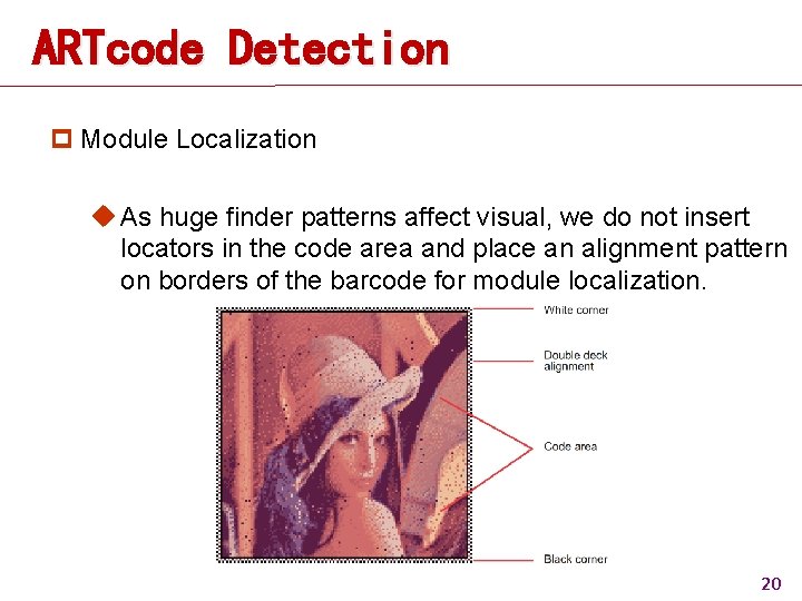 ARTcode Detection p Module Localization u As huge finder patterns affect visual, we do ARTcode Detection p Module Localization u As huge finder patterns affect visual, we do