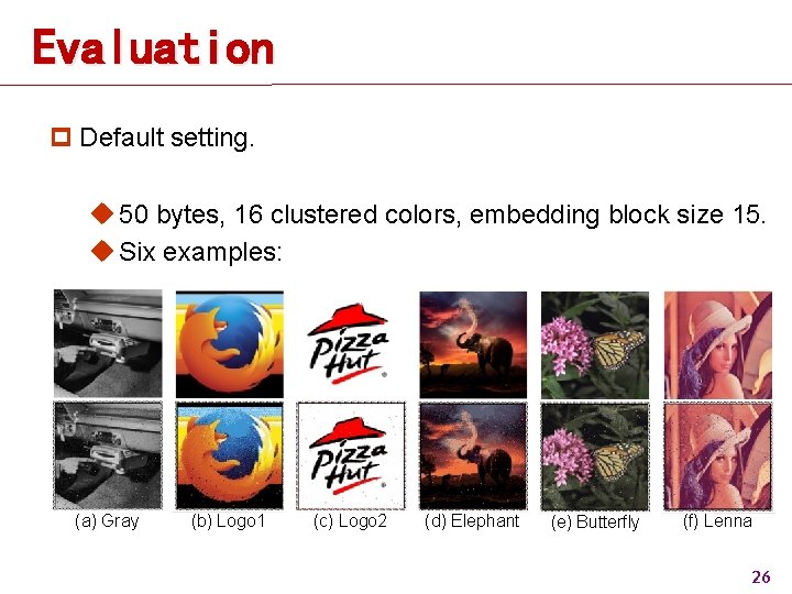 Evaluation p Default setting. u 50 bytes, 16 clustered colors, embedding block size 15. Evaluation p Default setting. u 50 bytes, 16 clustered colors, embedding block size 15.