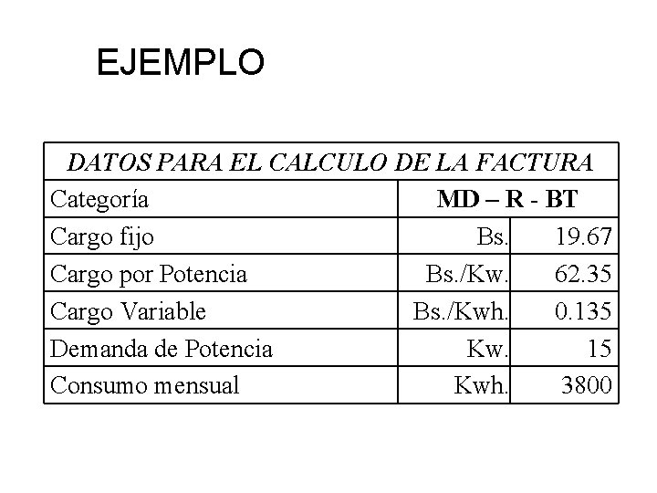 EJEMPLO DATOS PARA EL CALCULO DE LA FACTURA Categoría MD – R - BT