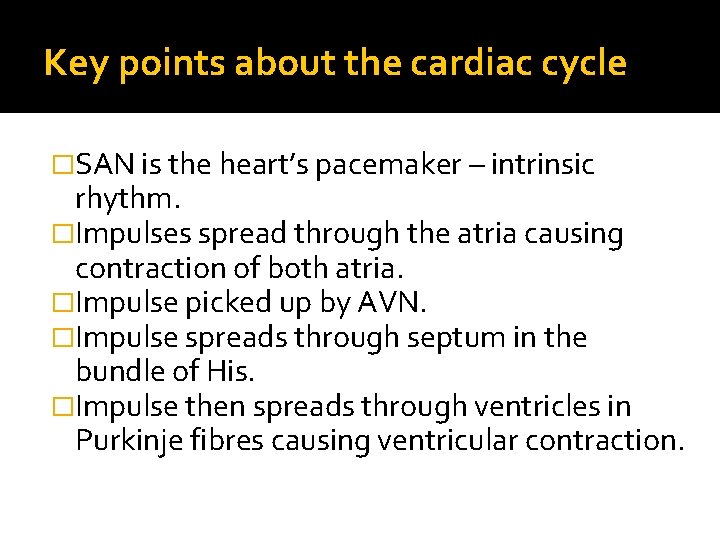 Key points about the cardiac cycle �SAN is the heart’s pacemaker – intrinsic rhythm.