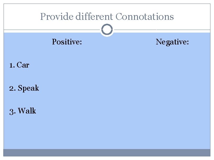 Provide different Connotations Positive: 1. Car 2. Speak 3. Walk Negative: 