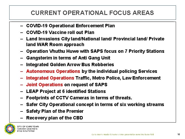 CURRENT OPERATIONAL FOCUS AREAS – COVID-19 Operational Enforcement Plan – COVID-19 Vaccine roll out