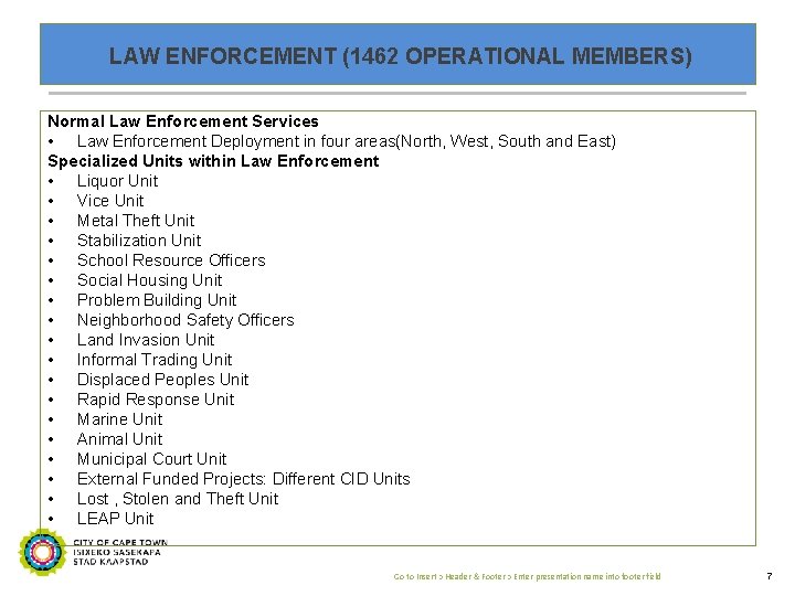 LAW ENFORCEMENT (1462 OPERATIONAL MEMBERS) Normal Law Enforcement Services • Law Enforcement Deployment in