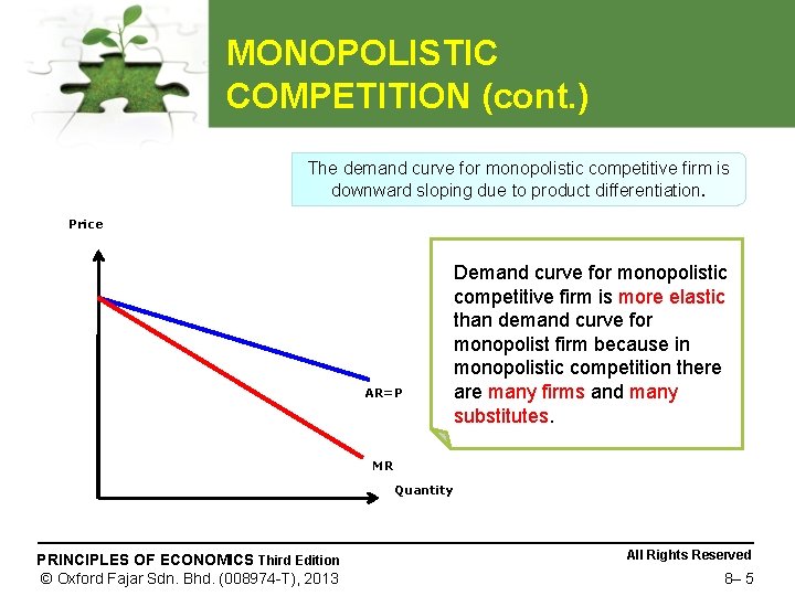 MONOPOLISTIC COMPETITION (cont. ) The demand curve for monopolistic competitive firm is downward sloping