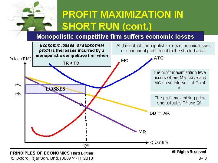 PROFIT MAXIMIZATION IN SHORT RUN (cont. ) Monopolistic competitive firm suffers economic losses Price