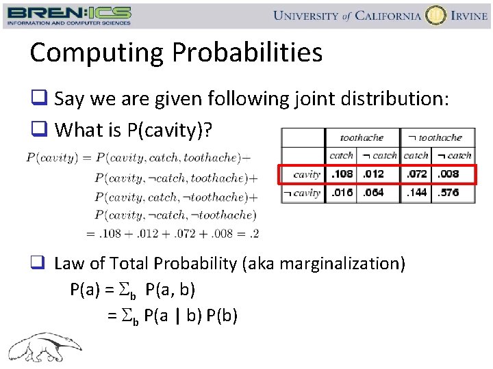 Computing Probabilities q Say we are given following joint distribution: q What is P(cavity)?