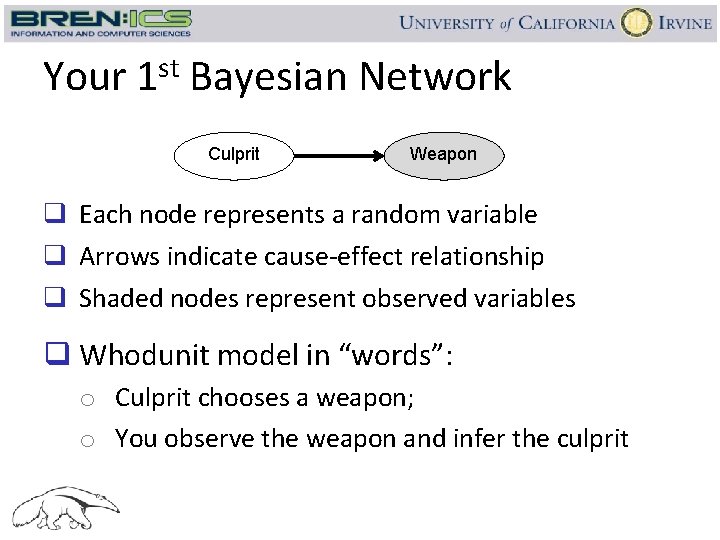 Your 1 st Bayesian Network Culprit Weapon q Each node represents a random variable