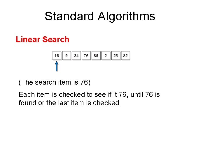 Standard Algorithms Linear Search (The search item is 76) Each item is checked to