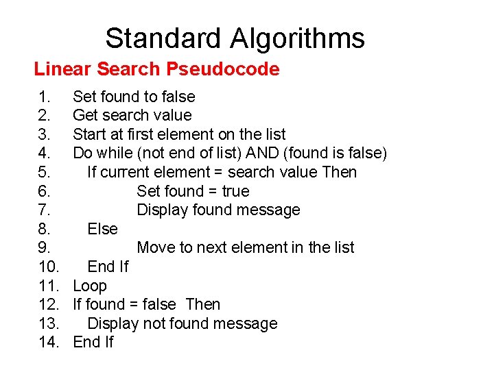 Standard Algorithms Linear Search Pseudocode 1. 2. 3. 4. 5. 6. 7. 8. 9.