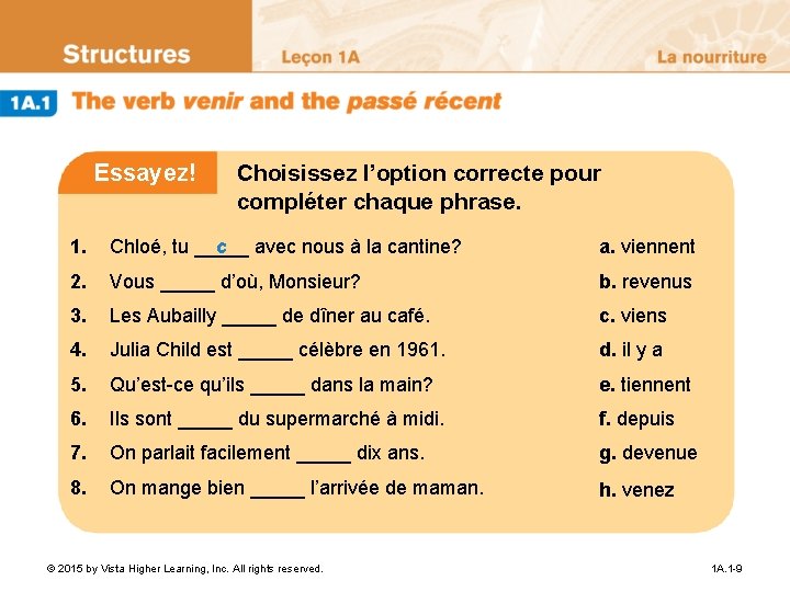 Essayez! Choisissez l’option correcte pour compléter chaque phrase. 1. c avec nous à la