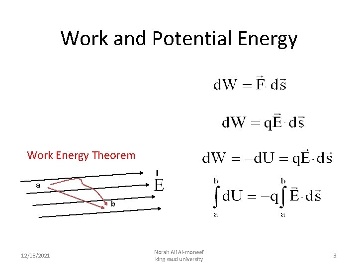 Work and Potential Energy Work Energy Theorem a b 12/18/2021 Norah Ali Al-moneef king