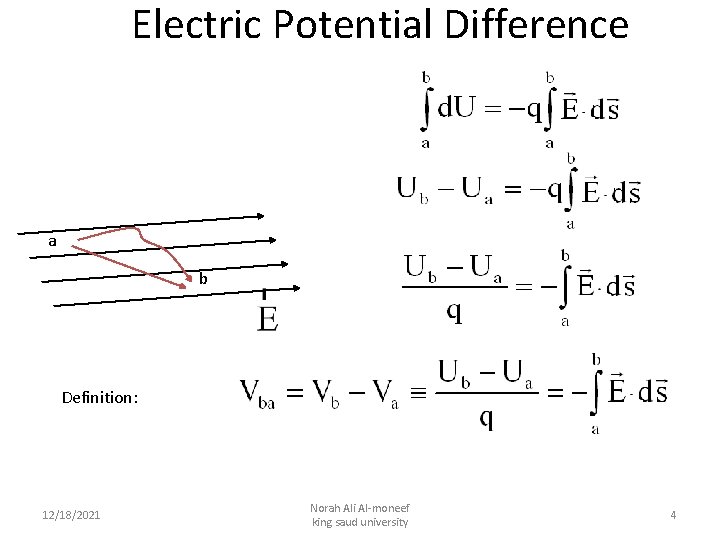 Electric Potential Difference a b Definition: 12/18/2021 Norah Ali Al-moneef king saud university 4