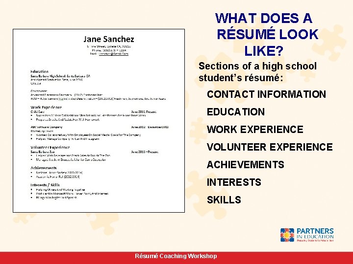 WHAT DOES A RÉSUMÉ LOOK LIKE? Sections of a high school student’s résumé: CONTACT