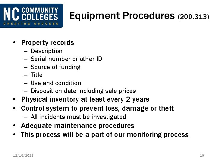 Equipment Procedures (200. 313) • Property records – – – Description Serial number or