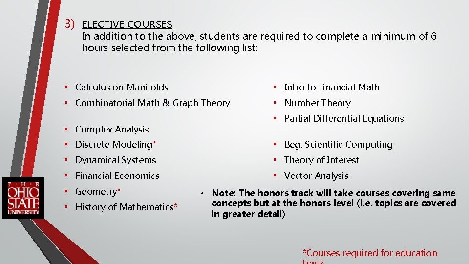 3) ELECTIVE COURSES In addition to the above, students are required to complete a
