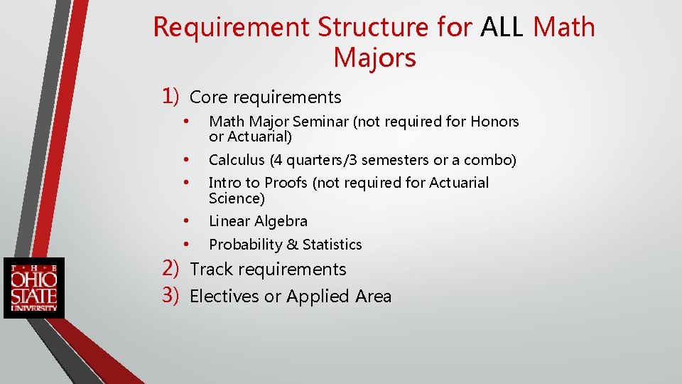 Requirement Structure for ALL Math Majors 1) Core requirements • Math Major Seminar (not