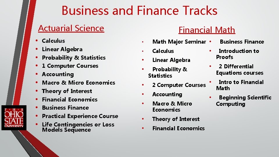 Business and Finance Tracks Actuarial Science • • • Financial Math Calculus • Math