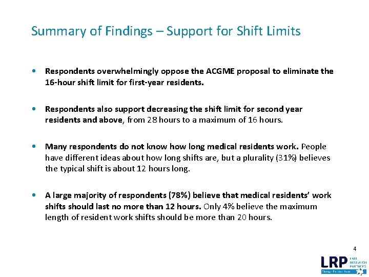 Summary of Findings – Support for Shift Limits • Respondents overwhelmingly oppose the ACGME