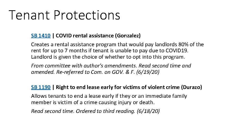 Tenant Protections SB 1410 | COVID rental assistance (Gonzalez) Creates a rental assistance program