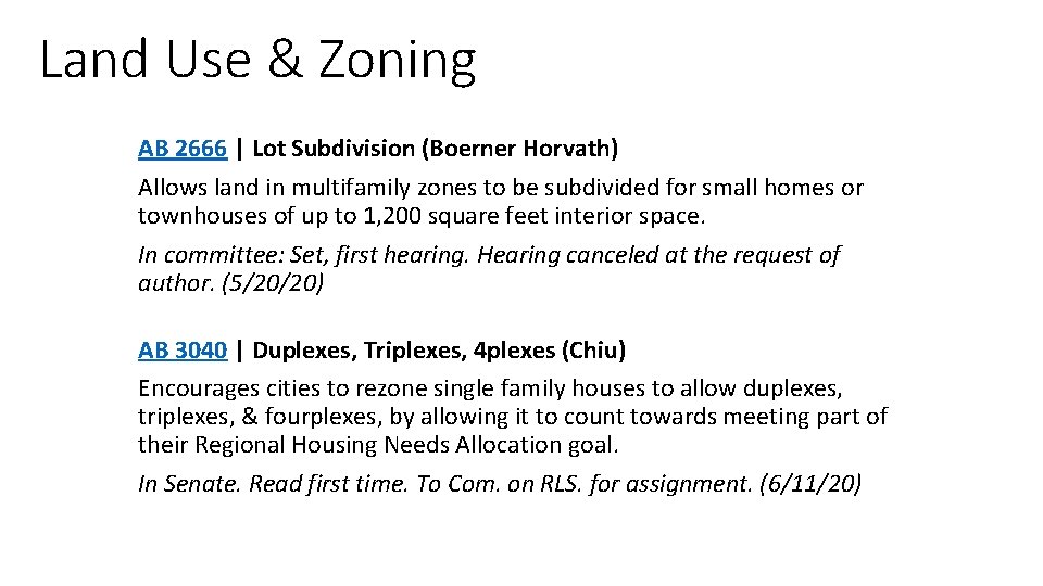 Land Use & Zoning AB 2666 | Lot Subdivision (Boerner Horvath) Allows land in