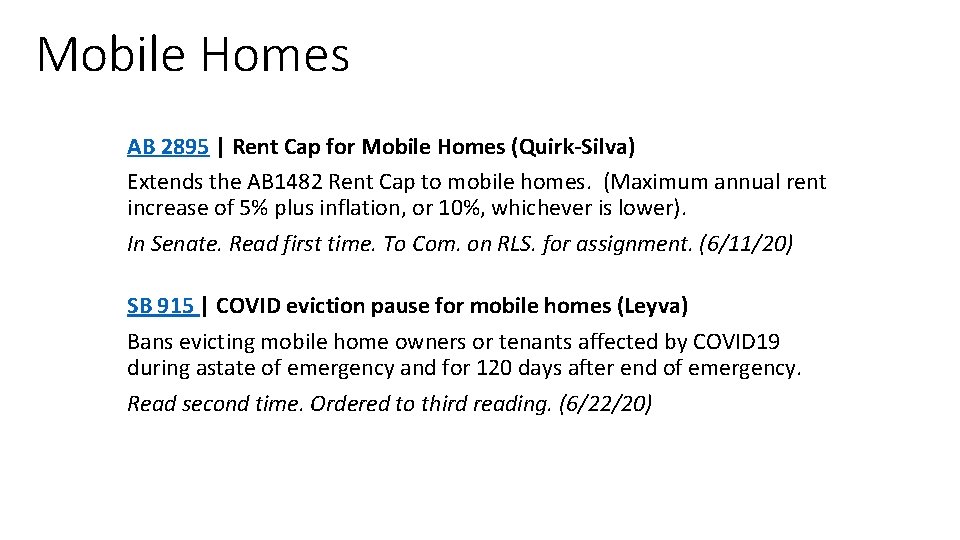 Mobile Homes AB 2895 | Rent Cap for Mobile Homes (Quirk-Silva) Extends the AB