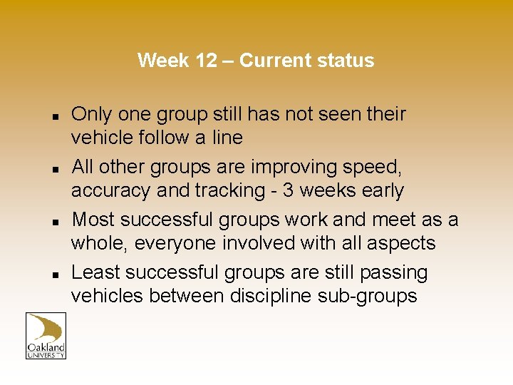 Week 12 – Current status n n Only one group still has not seen