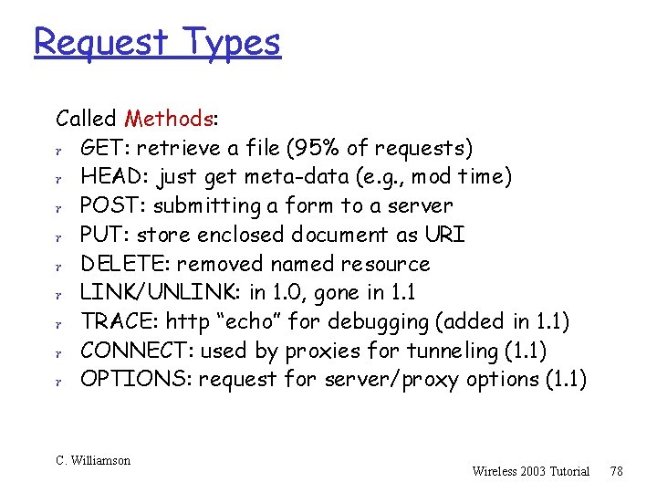 Request Types Called Methods: r GET: retrieve a file (95% of requests) r HEAD: