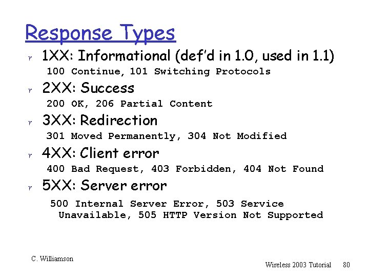 Response Types r 1 XX: Informational (def’d in 1. 0, used in 1. 1)