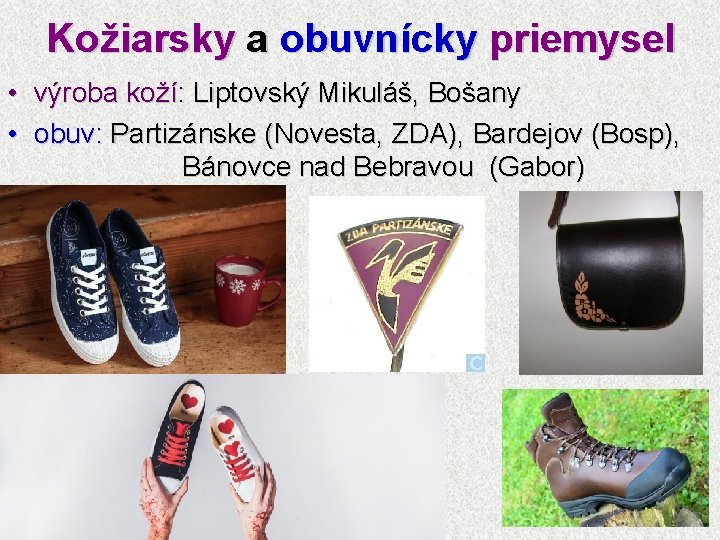 Kožiarsky a obuvnícky priemysel • výroba koží: Liptovský Mikuláš, Bošany • obuv: Partizánske (Novesta,