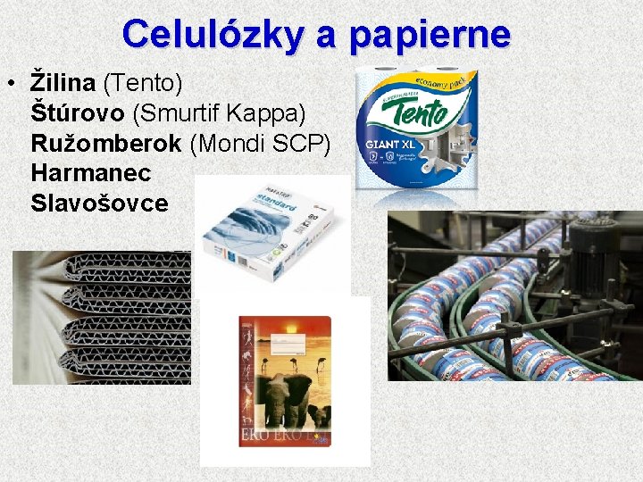 Celulózky a papierne • Žilina (Tento) Štúrovo (Smurtif Kappa) Ružomberok (Mondi SCP) Harmanec Slavošovce