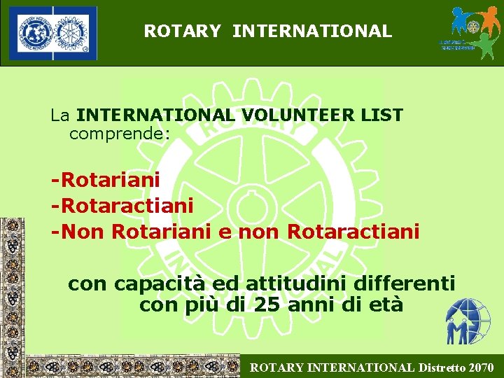 ROTARY INTERNATIONAL La INTERNATIONAL VOLUNTEER LIST comprende: -Rotariani -Rotaractiani -Non Rotariani e non Rotaractiani