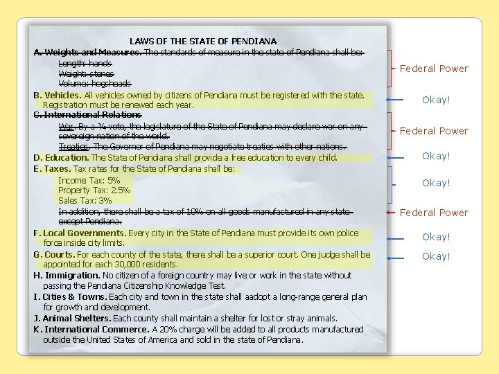 LAWS OF THE STATE OF PENDIANA A. Weights and Measures. The standards of measure