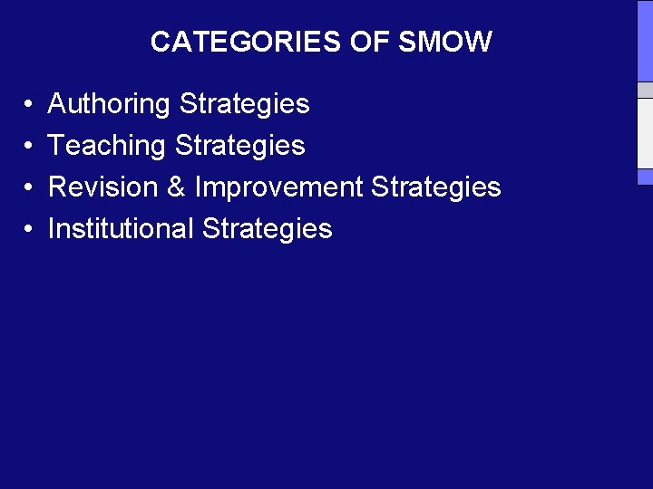 CATEGORIES OF SMOW • • Authoring Strategies Teaching Strategies Revision & Improvement Strategies Institutional