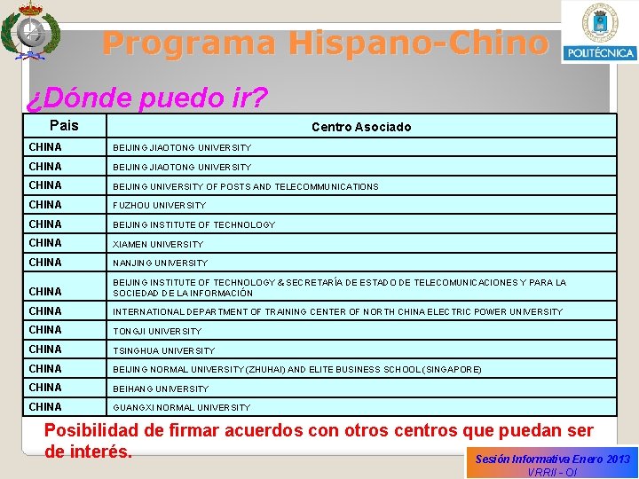Programa Hispano-Chino ¿Dónde puedo ir? Pais Centro Asociado CHINA BEIJING JIAOTONG UNIVERSITY CHINA BEIJING