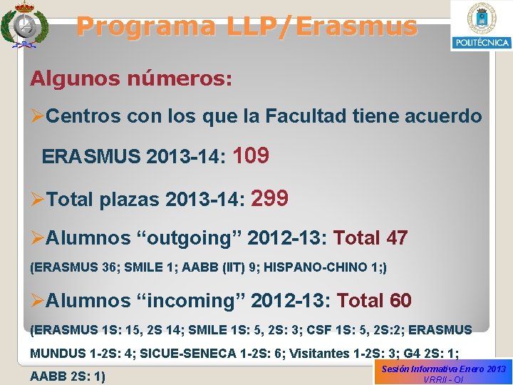 Programa LLP/Erasmus Algunos números: ØCentros con los que la Facultad tiene acuerdo ERASMUS 2013