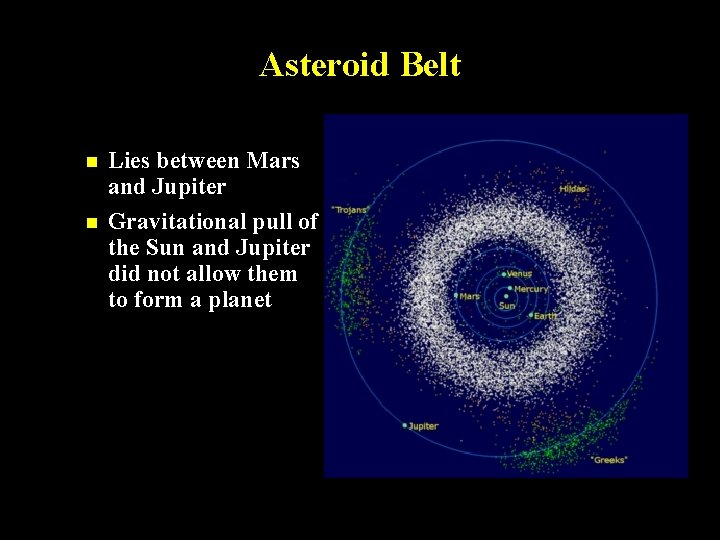 Asteroid Belt n n Lies between Mars and Jupiter Gravitational pull of the Sun