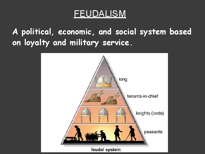 FEUDALISM A political, economic, and social system based on loyalty and military service. 