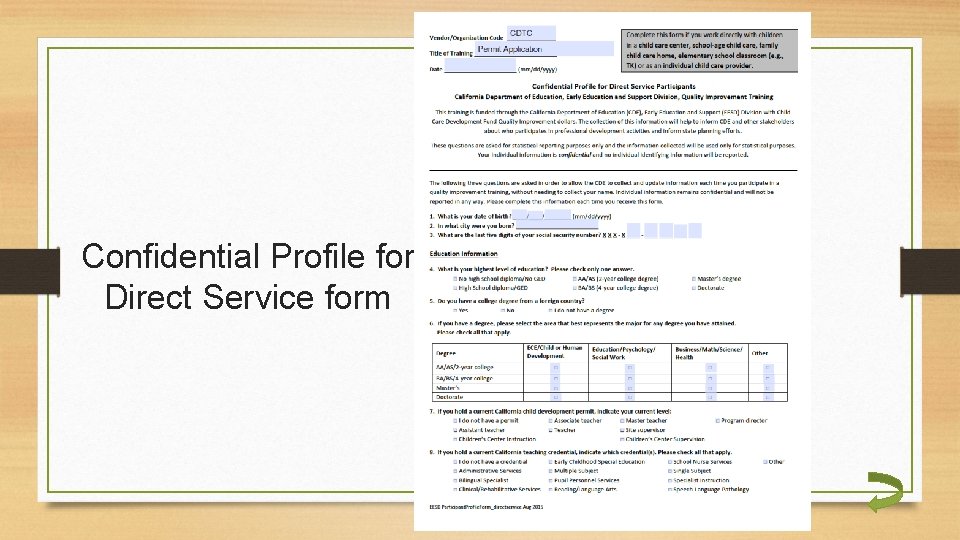 Confidential Profile for Direct Service form 