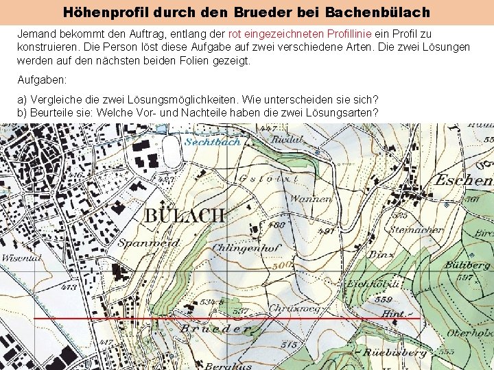 Höhenprofil durch den Brueder bei Bachenbülach Jemand bekommt den Auftrag, entlang der rot eingezeichneten