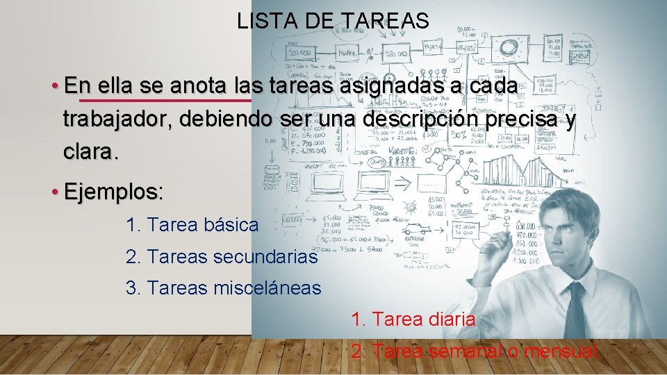 LISTA DE TAREAS • En ella se anota las tareas asignadas a cada trabajador,