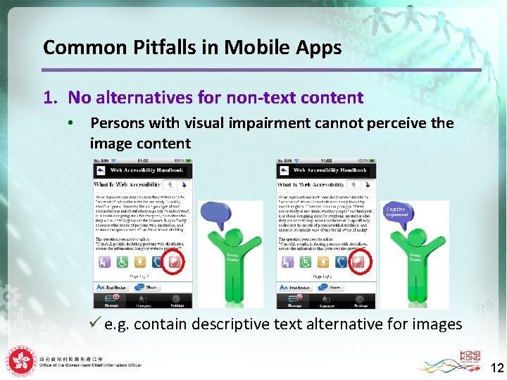 Common Pitfalls in Mobile Apps 1. No alternatives for non-text content • Persons with