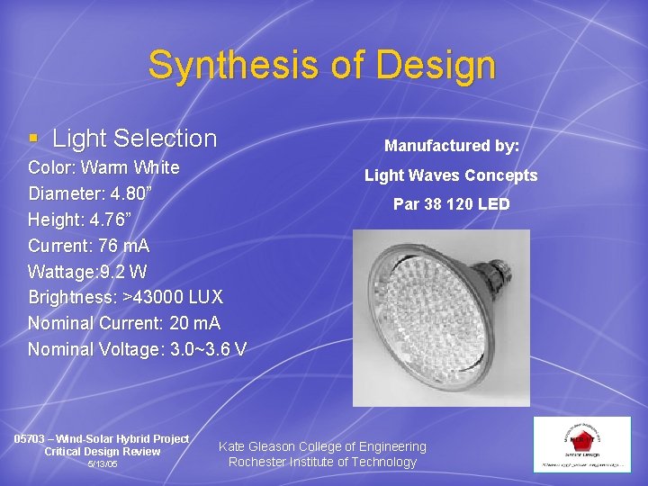 Synthesis of Design § Light Selection Manufactured by: Color: Warm White Diameter: 4. 80”